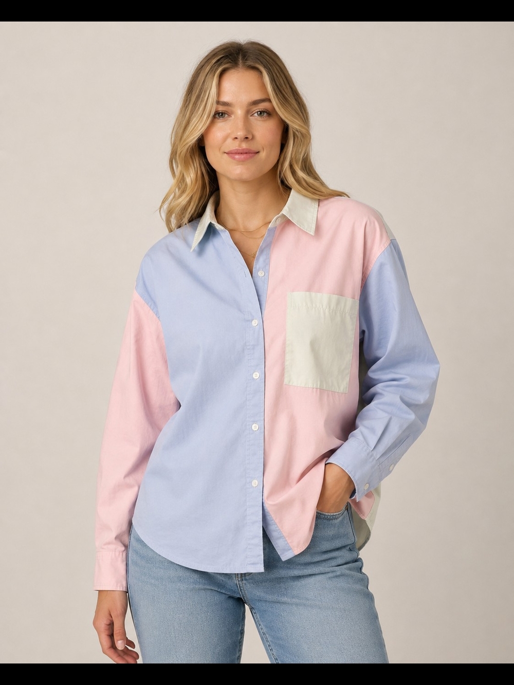 Abercrombie & Fitch Pink, Blue & Cream Colorblock Oversized Button-Down Size S